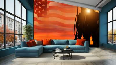 Civil war soldier with USA flag. Greeting card for Veterans Day , Memorial Day, Independence Day . America celebration. 3d illustration Wall mural