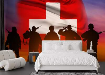 Solider Saluting Against the flag of Switzerland . Swiss National Day. Holiday concept. 3d illustration. Wall mural