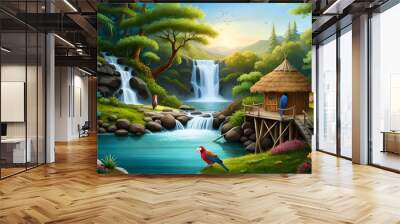  serene mountain beside a mesmerizing waterfall that sparkles with a kaleidoscope of colors.  Wall mural