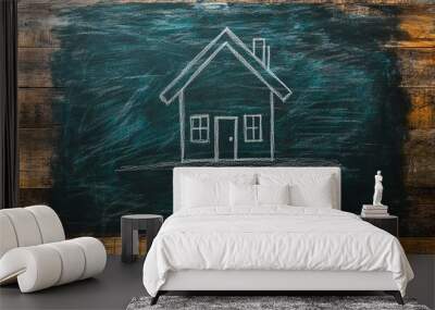 a Man drawing a house on a chalkboard, symbolizing the concept of home ownership and family. Wall mural