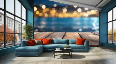 Empty wooden floor for product display montage with blurred sea background Wall mural