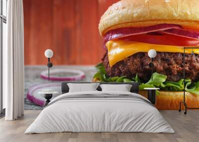 Hamburger closeup with red onions Wall mural