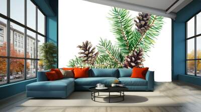 The branch of fir tree with cones on white background, watercolor illustration in hand-drawn style. Wall mural