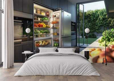 A modern kitchen with an open fridge filled with fresh food and a view of the garden. Wall mural