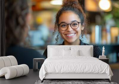 Smiling Woman with Glasses at Cafe Wall mural