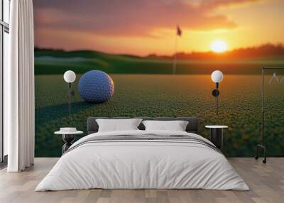 A golf ball on a green surface with a sunset in the background. Wall mural