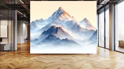 A majestic mountain range with snow-capped peaks and a misty, ethereal atmosphere at sunrise, creating a sense of grandeur and tranquility. Wall mural