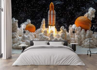 A model rocket blasts off from a snowy landscape with two planets in the background. Wall mural