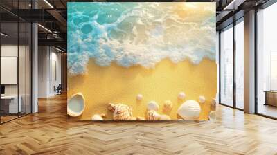 A serene beach scene with shells and gentle waves on golden sand. Wall mural