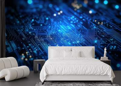 Abstract circuit board with glowing blue elements. Wall mural