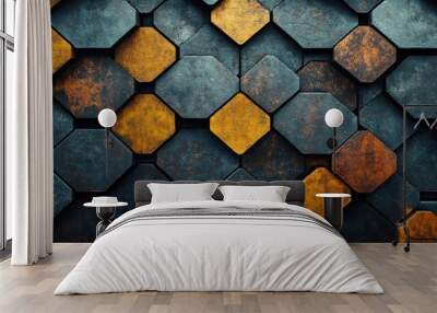 Abstract geometric pattern of octagons in blue, gray and orange. Wall mural