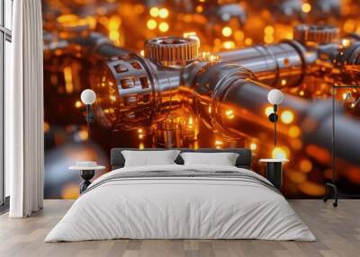 Close-up of metallic pipes with glowing lights and gears. Wall mural