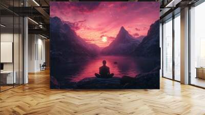 Serene figure meditating by a tranquil lake at sunset. Wall mural