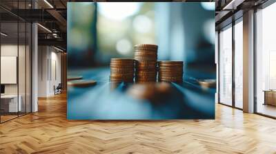 Stacks of coins on a table with a blurred background. Wall mural