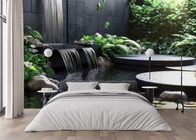 Tranquil zen garden with a waterfall, lush greenery, and circular stone platforms. Wall mural