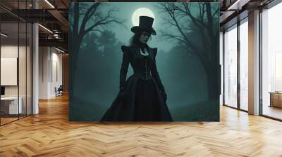 Evil witch in the woods on a full moon night , halloween night wallpaper, gothic woman, beautifil lady dressed in black with victorian clothes Wall mural