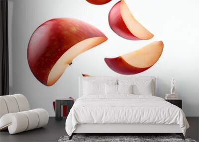 Falling red apple slice isolated on white background with clipping path. Red apple isolated. Whole apple, half, and a slice on a white background. Red apple set with clipping Generative AI 
 Wall mural