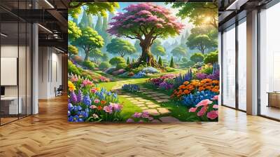 A beautiful garden filled with colorful blooming flowers, surrounded by lush greenery and trees, fantasy style  Wall mural