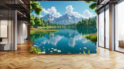 a serene landscape with a clear blue lake reflecting the sky, surrounded by lush green trees and colorful flowers, cartoon style  Wall mural