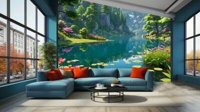 a serene landscape with a clear blue lake reflecting the sky, surrounded by lush green trees and colorful flowers, cartoon style  Wall mural