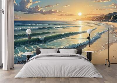 A tranquil beach scene at sunrise, with gentle waves, golden sunlight, and a peaceful atmosphere, manga style  Wall mural