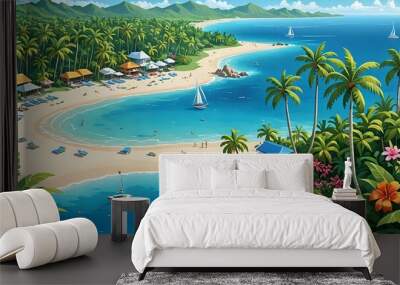 An exotic island paradise with clear blue water, sandy white beaches, swaying palm trees, vibrant tropical flowers, and a clear blue sky, cartoon style  Wall mural