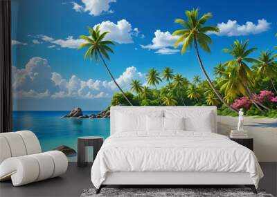 An exotic island paradise with clear blue water, sandy white beaches, swaying palm trees, vibrant tropical flowers, and a clear blue sky, fantasy art  Wall mural