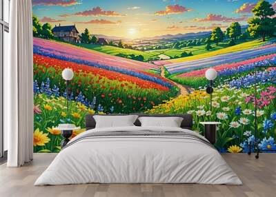 As spring arrives, the wildflower fields stretch as far as the eye can see, a vibrant tapestry of colors blending in beautiful harmony, anime art  Wall mural