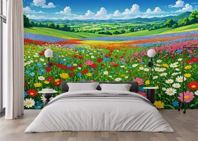 As spring arrives, the wildflower fields stretch as far as the eye can see, a vibrant tapestry of colors blending in beautiful harmony, anime art  Wall mural