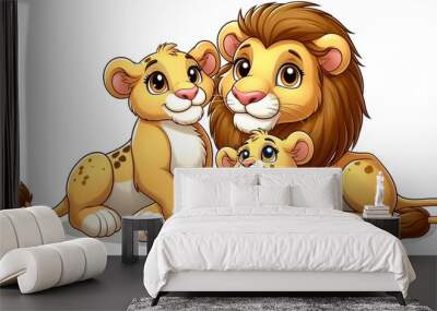 Cartoon image of a mother lion with her cubs on a white background  Wall mural