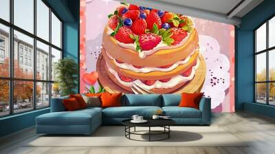 illustration of pancakes with strawberry and cream Wall mural