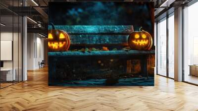 A bench with two pumpkins on it, one of which has a smiley face Wall mural