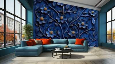 A blue floral design with gold accents Wall mural