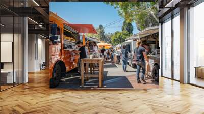 A busy street with food trucks and people Wall mural