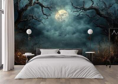 A dark forest with a full moon in the sky Wall mural