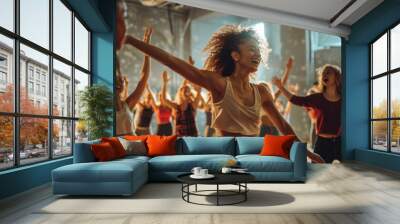 A group of people are dancing and smiling in a room Wall mural