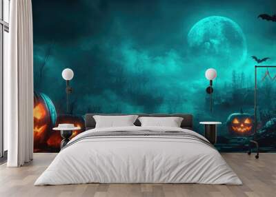 A Halloween scene with a large moon in the background and bats flying around Wall mural