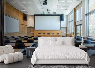 A large classroom with a projector screen and rows of black chairs Wall mural