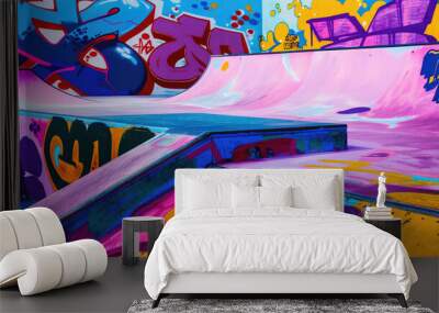 A skate park with graffiti on the walls and a pink ramp Wall mural