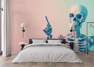 A skeleton is pointing to the sky with its index finger Wall mural