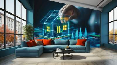 Close up of businessman hand touching virtual house hologram on dark background Wall mural