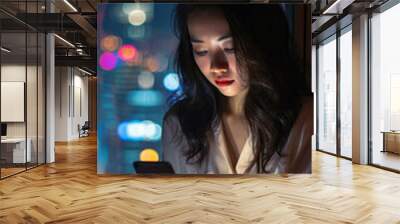 Portrait of a beautiful asian woman using smart phone at night Wall mural