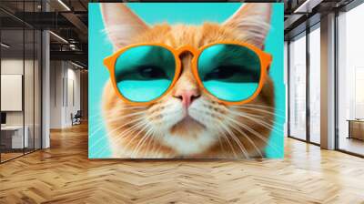 Portrait of a red cat wearing orange sunglasses on blue background . Wall mural