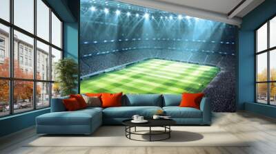 Soccer stadium with bright spotlights, full of fans and stands Wall mural