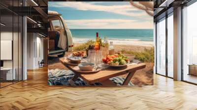 Summer picnic on the beach with a campervan. Holidays on the nature . Wall mural