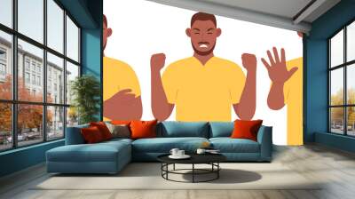 African man in different poses shows the emotion of aggression. Angry male character. Vector illustration. Wall mural