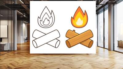 Campfire icons set. Crossed logs and fire flame. Vector illustration. Wall mural