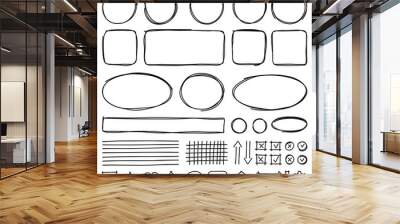 Set of hand drawn elements for selecting text. Oval, round, rectangular and square frames, arrows, lines, labels and objects. Vector. Wall mural