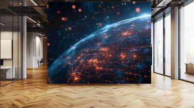 Digital rendering of planet Earth with blue and orange light and glowing dots. Wall mural