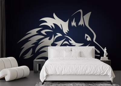 Silver wolf head silhouette. Side view of wild animal. Wolf vector logo for web and print on dark background. Wall mural